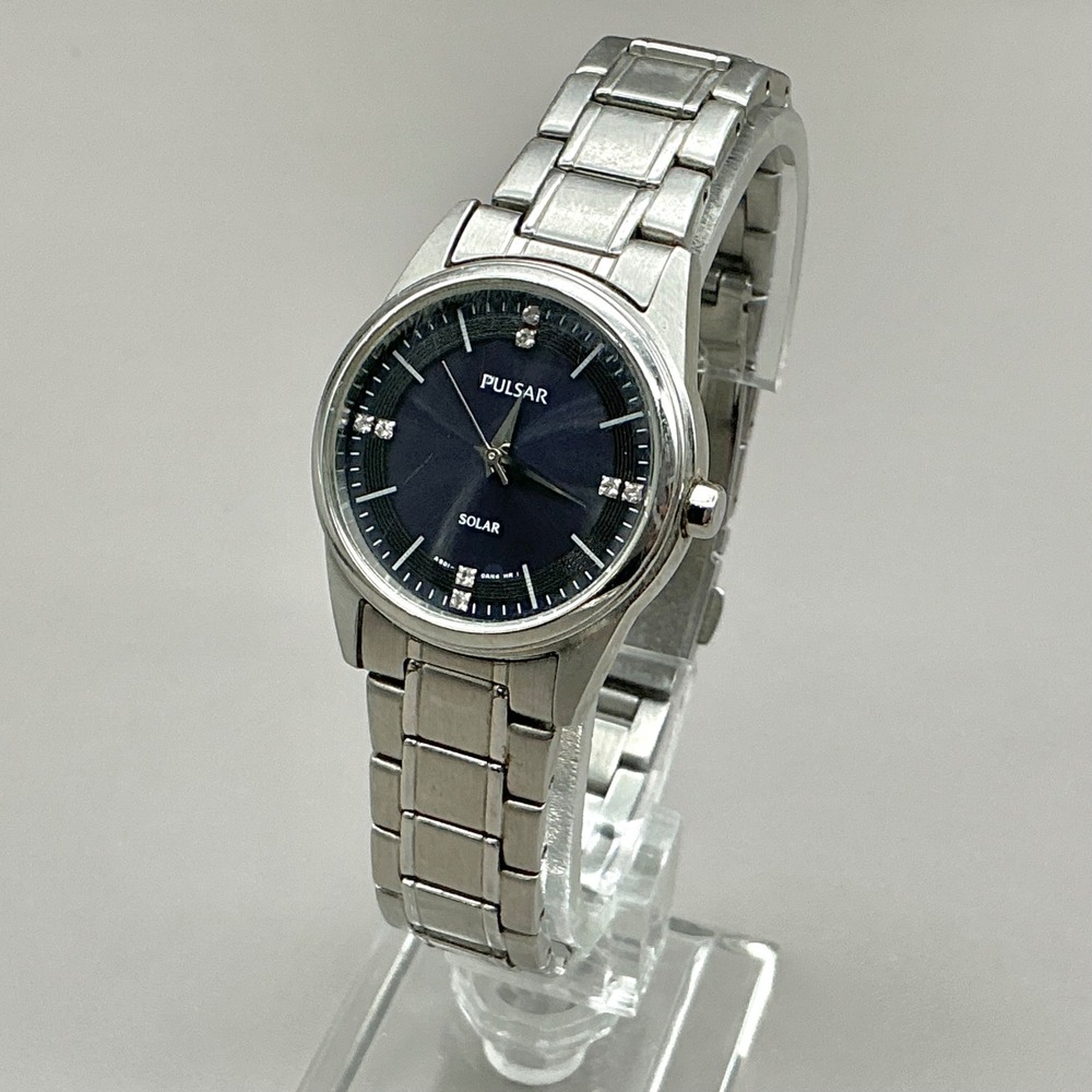 Pulsar Watch Womens AS01-X001 Solar Blue Dial Crystal Stainless 28mm 6.75"